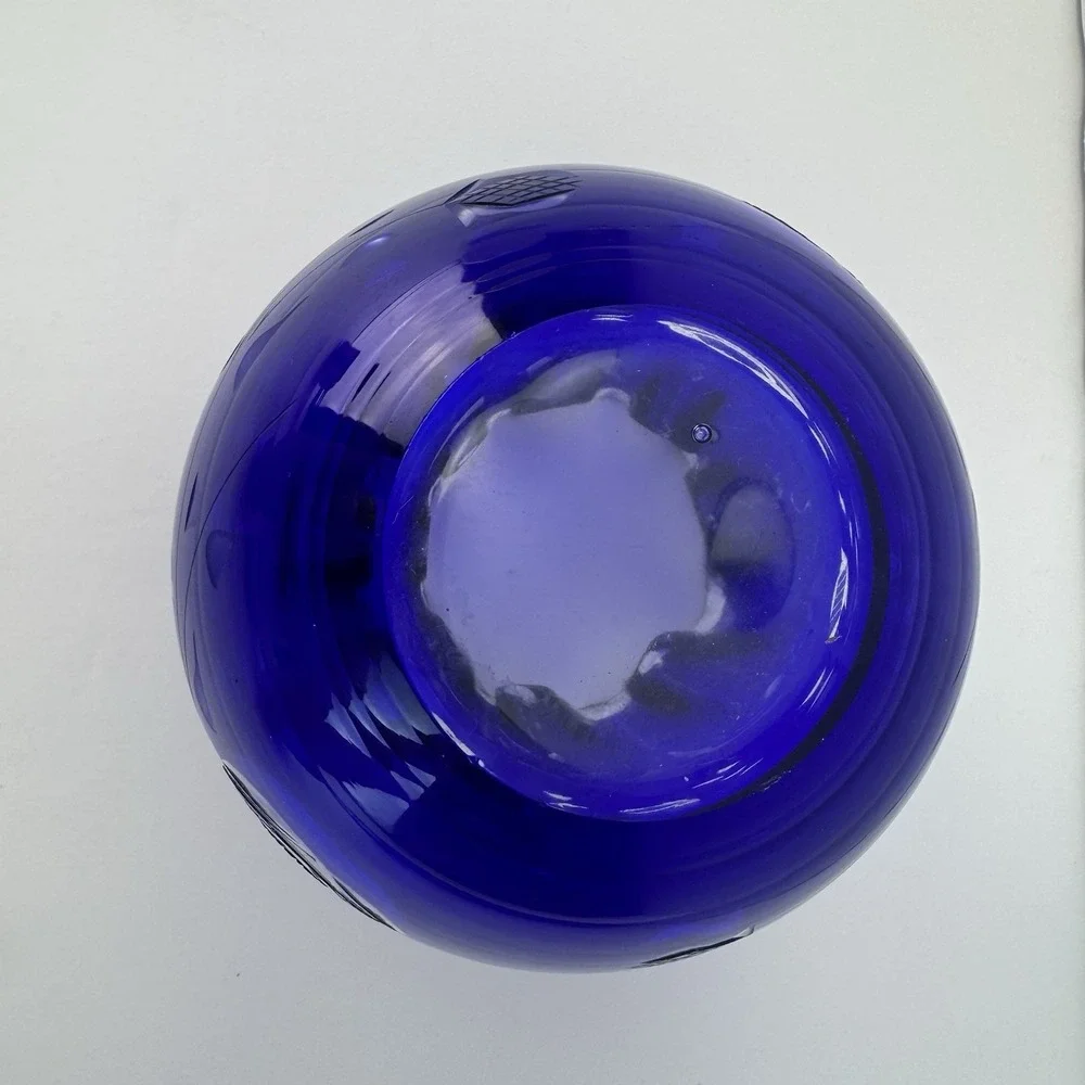 Cobalt Blue Rose‎ Bowl Dish Cut to Clear Crystal Ruffle Pinched Vase
